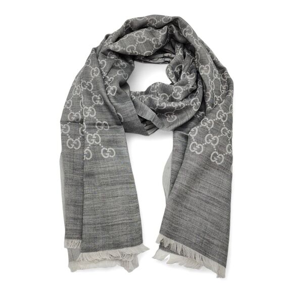 Gucci GG Monogram Fringe Scarf/Shawl - Wool Silk - Gray NWB - Picture 1 of 7